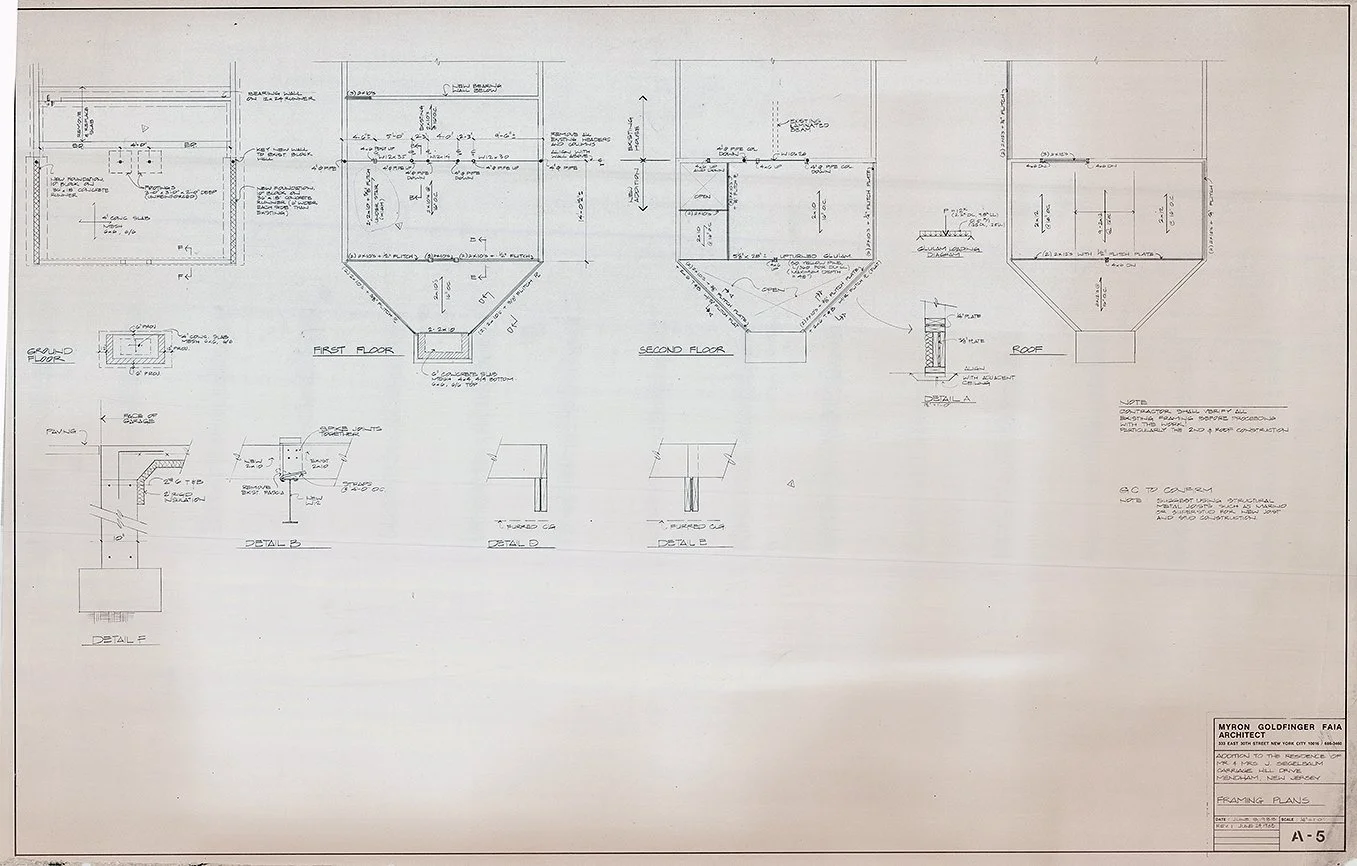 Siegelbaum Residence Addition, Far Hills, New Jersey. Framing Plans. Drawing A-5 dated 06/08/1988, Revised 06/24/1988.