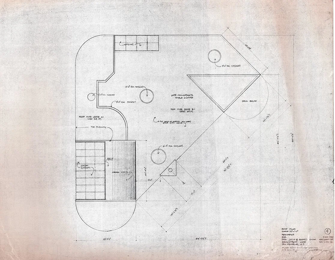 Shah Residence, New Rochelle, New York. Roof Plan. Drawing 4 dated 11/07/1980, Revised 03/03/1981, 04/02/1981.