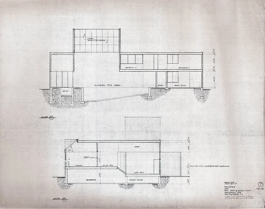 Shah Residence, New Rochelle, New York. Sections. Drawing 07 dated 11/07/1980.