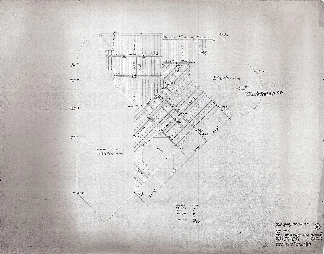 Shah Residence, New Rochelle, New York. First Floor Framing Plan. Drawing 10 dated 11/07/1980, Revised 03/24/1981, 04/02/1981, 04/21/1981.