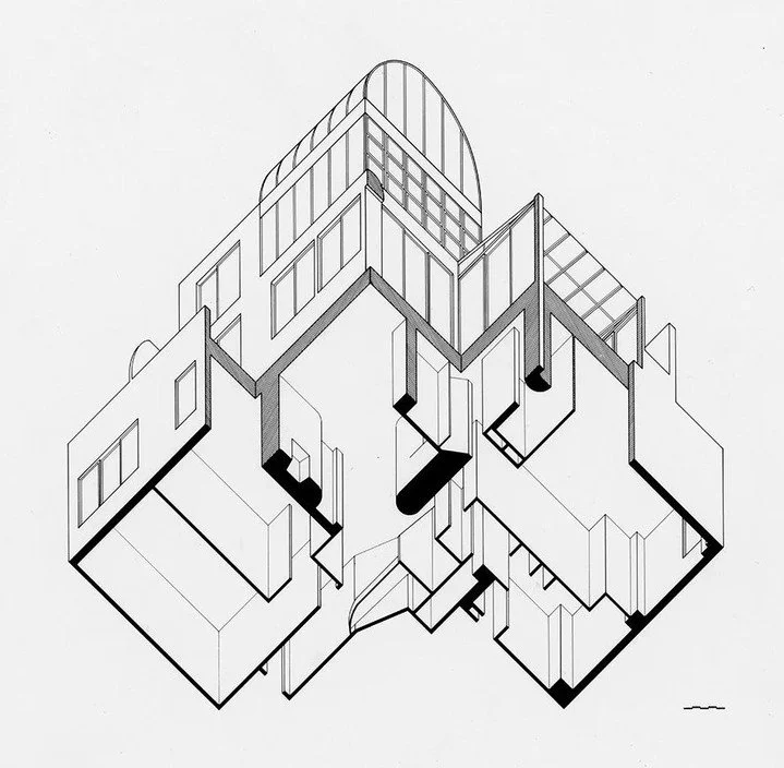 Worm's-eye axon drawing of the 1977 Steinhardt Residence, designed by Myron Goldfinger.