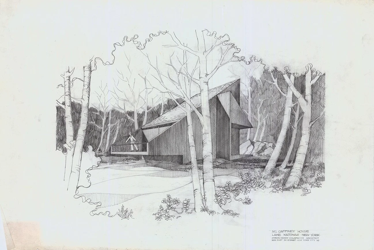 The McCaffrey Residence, designed by Myron Goldfinger in 1972 in Katonah, New York. John McCaffrey is a graduate of New York University Law School who spent his legal career in the airline industry, first with American Airlines, then with Pan America