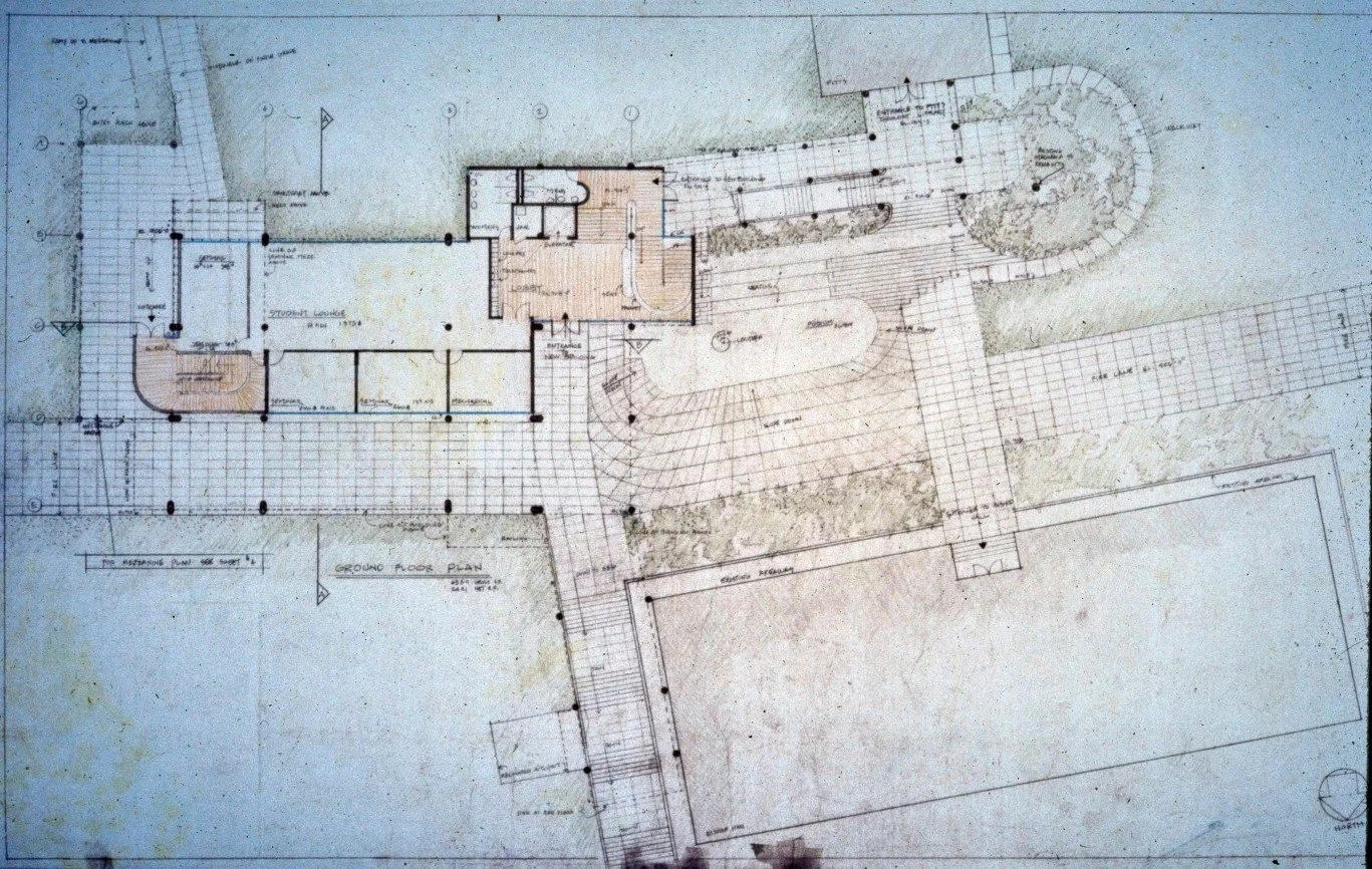 Early floor plans and section for the William R. Cannon Chapel at Emory University in Atlanta, Georgia designed by Paul Rudolph in 1975. It was built from 1979-1981 to be intentionally interfaith with no permanent religious symbols in the interior, a