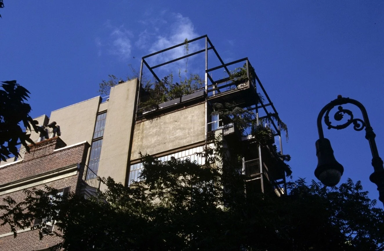 The rooftop terrace at Paul Rudolph's 23 Beekman Place townhouse in New York City. In 1990, he said, "the rooftop at Beekman Place enjoys its place in the sun, partially because a zone of space created by steel columns and beams supporting wiste