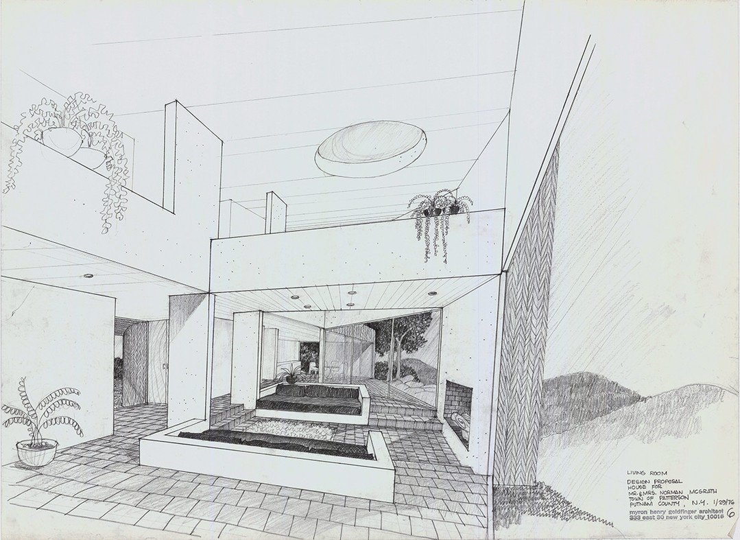 Interior perspectives of the Norman and Molly McGrath residence designed in 1976 by Myron Goldfinger in Patterson, New York. McGrath began photographing Goldfinger's work in 1969 and eventually became a client. Completed in September 1977, the house 