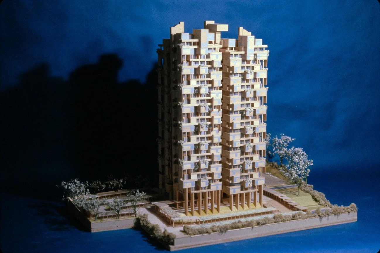 Presentation model for the Colonnade in Singapore, designed by Paul Rudolph in 1980. Intended as a set of prefabricated units hoisted onto a structural frame, the design was eventually built of standard brick masonry infill covered in a plaster finis