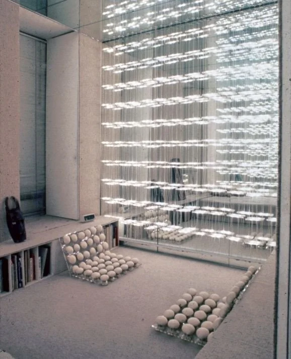 Paul Rudolph's bedroom in a one bedroom apartment he rented on the top floor of 23 Beekman Place in the 1960's - before he bought the building and added his legendary penthouse on top. The light curtain, made by Rudolph, led to the creation of the Mo