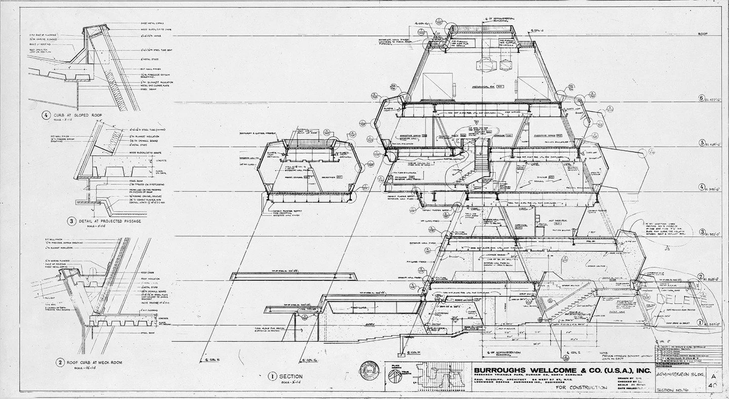Building Sections of the Burroughs Wellcome Headquarters in Research Triangle Park, North Carolina with a photo of the completed building. Designed in several stages by Paul Rudolph in 1969-1986. ⁠
⁠
Despite being bought by United Therapeutics for th