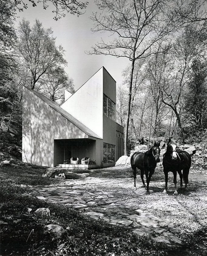 The Blau Residence designed by Myron Goldfinger in 1970 in Bedford, New York. Photos by Norman McGrath are taken for an article by Susan Grant Lewin in House Beautiful. They are staged by June Goldfinger, with horses brought to the site that are owne