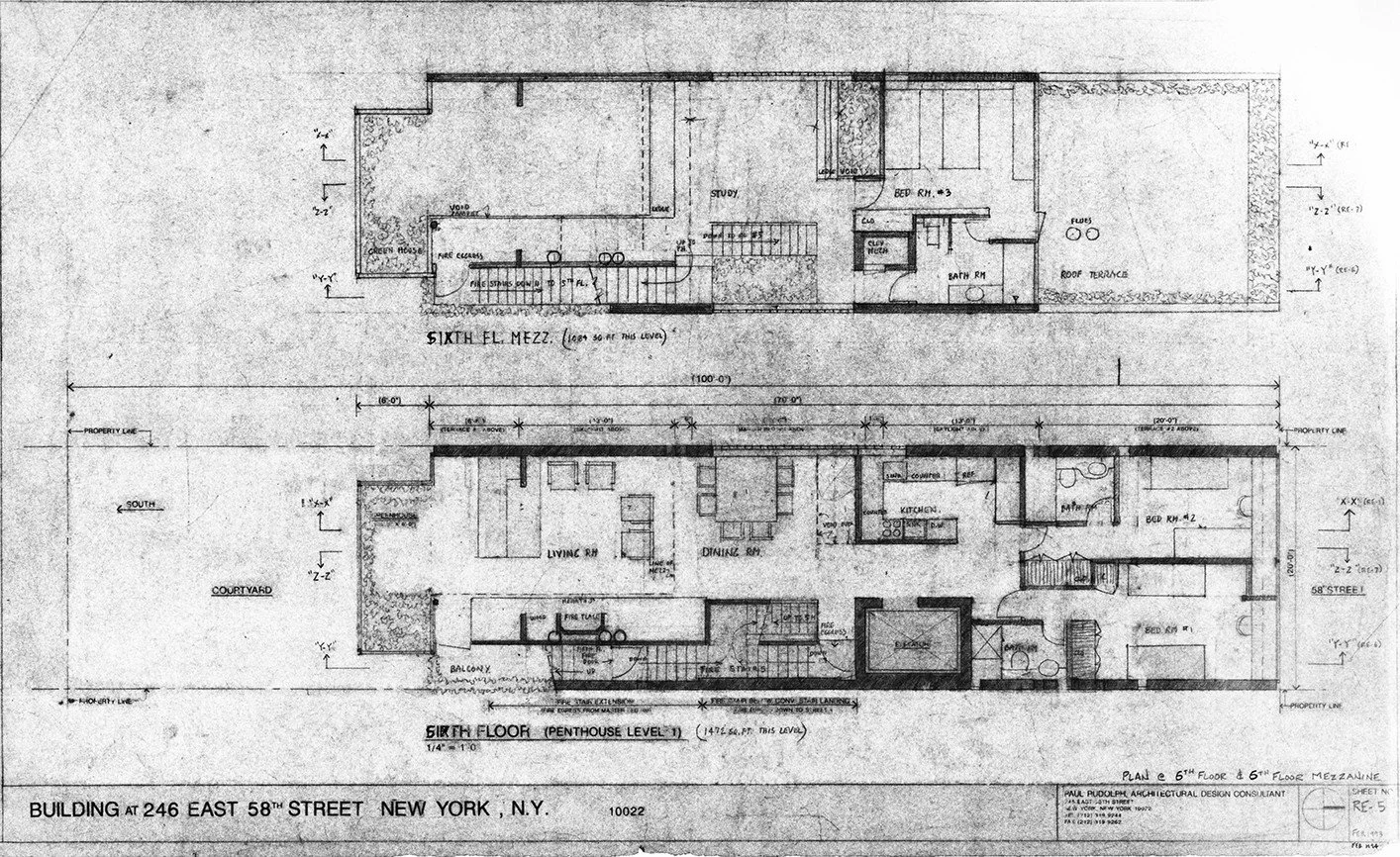 Drawings by Paul Rudolph in 1993 of what the triplex penthouse at our Modulightor headquarters would have looked like if he had the money to continue construction. The photo is what our landmarked building looks like today.⁠
⁠
#paulrudolph
