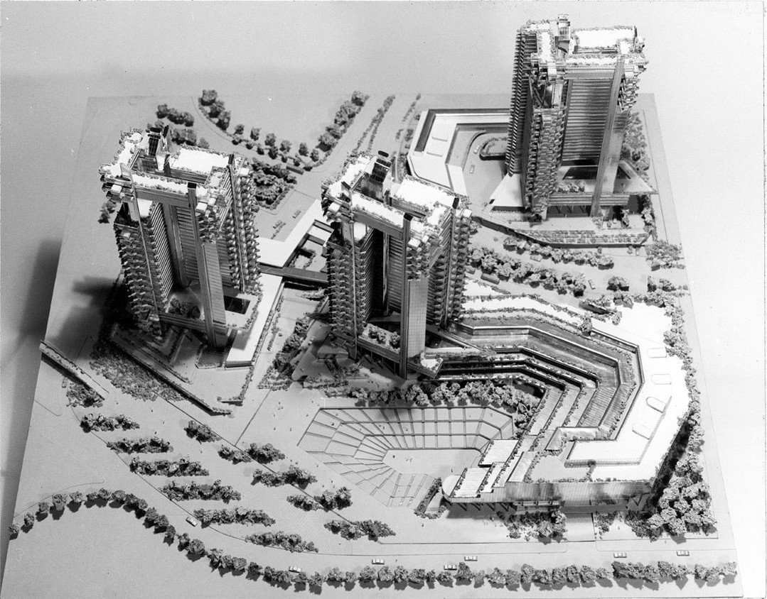 Presentation model and drawings of the unbuilt proposal for Marina Centre in Singapore, designed by Paul Rudolph in 1979.⁠ According to a statement by Rudolph, "It is intended that the entire complex be sheathed with aluminum to help capture the