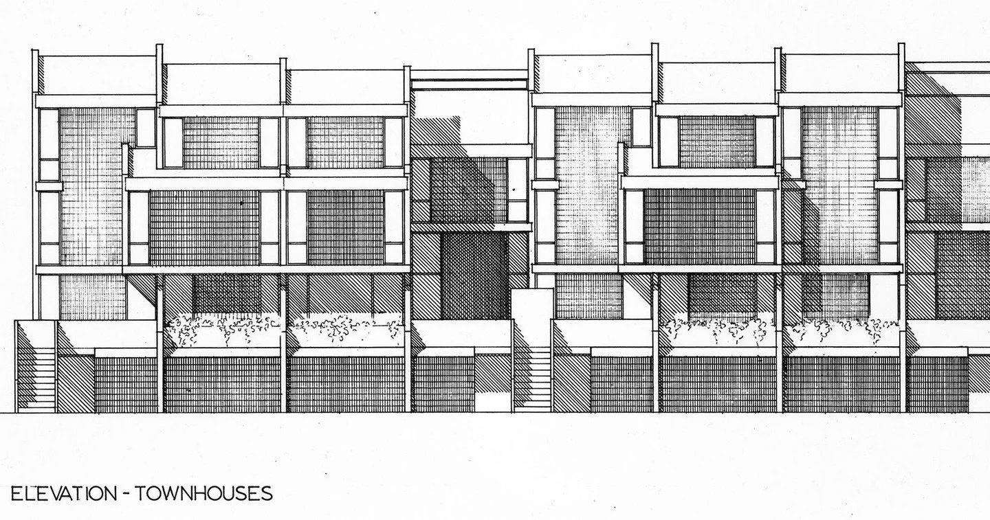 Drawings of the proposed townhouses in the unbuilt Northwest Urban Renewal Project for Washington, D.C. designed by Paul Rudolph in 1966. Rudolph&rsquo;s design consists of stepped back facades with ever-changing rooflines within a simple constructio