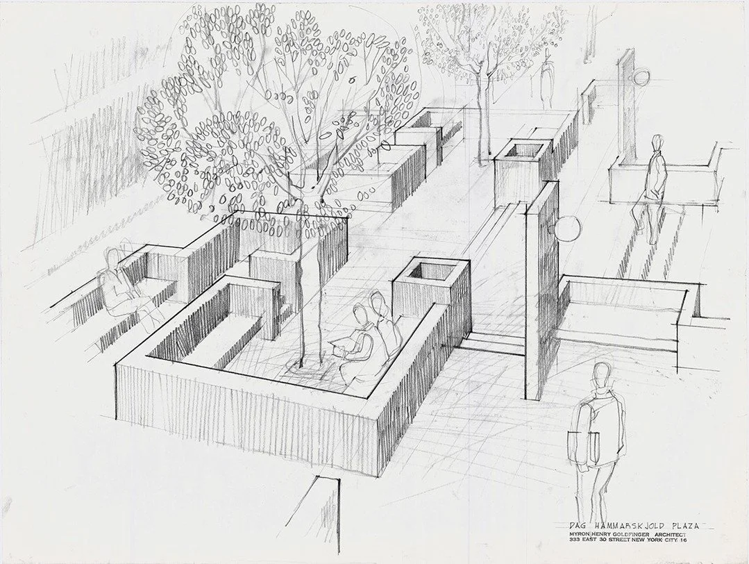 What could have been - Myron Goldfinger's unbuilt design for the Dag Hammarskjold Plaza in New York City. The park on East 47th Street between Second and First Avenues, just north of the United Nations, was acquired by the City of New York in 1948 an