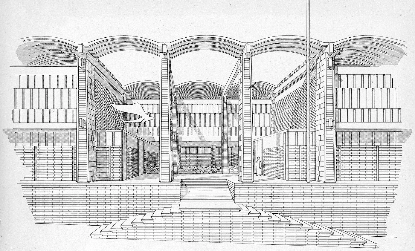The unbuilt design for the U.S. Embassy in Amman, Jordan designed by Paul Rudolph in 1954. The project design, which Rudolph wanted to recall the local architecture of the region, was critiqued by one member of the state department's committee as &qu