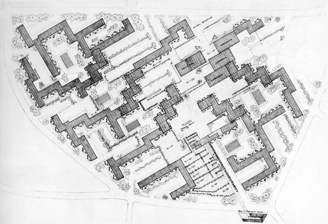 The unbuilt Fox Hill Development in Staten Island, New York designed by Paul Rudolph in 1967. The proposed development included apartments for 10,000 people with a school, community center, parking and commercial shopping center. The developer was th