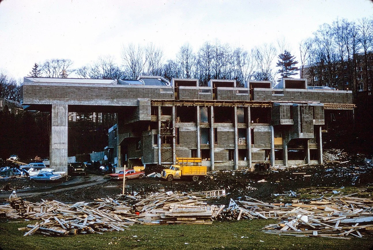Construction photos of the Dana Creative Arts Center in Hamilton, New York designed by Paul Rudolph in 1963.⁠ The building&rsquo;s structural design consists of a concrete frame with precast concrete block infill. The cast-in-place concrete frame has