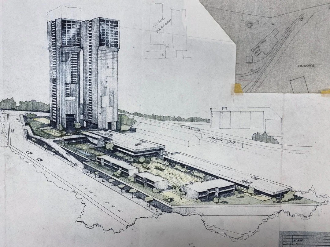 Little known fact: Rudolph was brought onto the Tracey Towers project by developer DeMatteis Development Corporation after this early design from by Jerald L. Karlan and Harry J. Trivisonno was rejected. ⁠
⁠
The last drawing shows Rudolph's ultimate 
