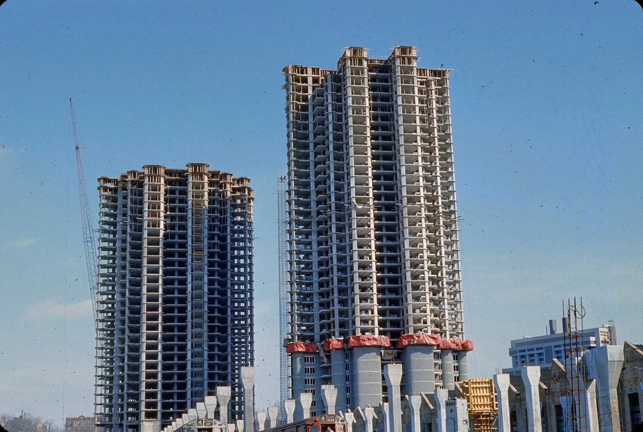 Construction photos of the Tracey Towers in the Bronx, New York designed by Paul Rudolph in 1967. Although they look made of solid concrete, the towers are composed of split-face concrete blocks which were originally developed by Rudolph in 1963 for 