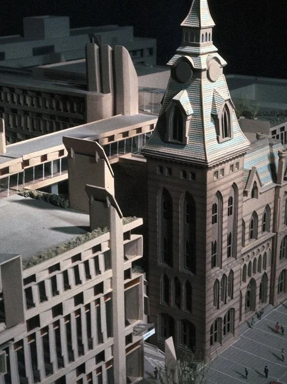 The final scheme for the unbuilt New Haven Government Center in New Haven, Connecticut designed by Paul Rudolph in 1968. Rudolph&rsquo;s design preserves part of the existing Victorian Gothic building facing the green - and use the section with its g