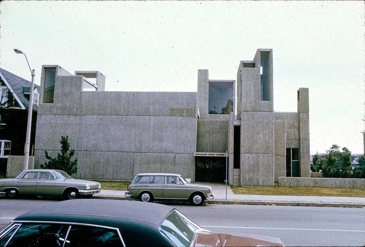 The doors of the Christian Science Student Center at the University of Illinois in Urbana, Illinois designed by Paul Rudolph in 1962 and demolished in 1987. The massive brass front doors were designed by artist Roger Majorowicz. The developer who pur