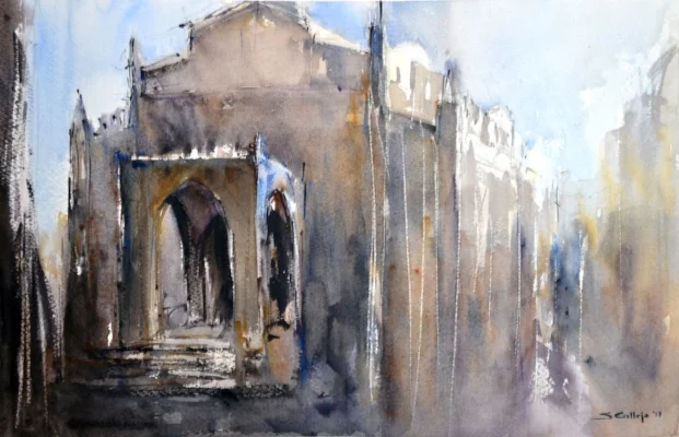 Erice Catherdral in the mist Sicily Maltese artist Sarah Calleja Watercolour plein air