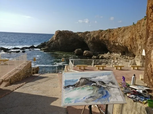 Ghar Lapsi cave Zurrieq qrendi Maltese artist  Sarah Calleja Watercolour plein air
