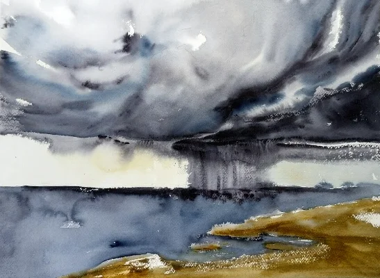 St Julians, Storm at sea cave Maltese artist  Sarah Calleja Watercolour plein air