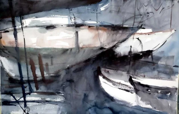 Kalkara Sailing Boats abstract bold Maltese artist  Sarah Calleja Watercolour plein air