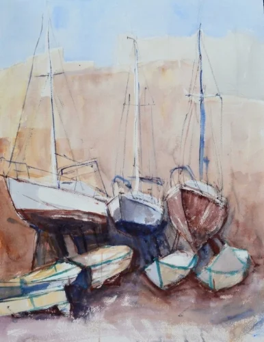Kalkara Sailing Boats abstract bold Maltese artist  Sarah Calleja Watercolour plein air