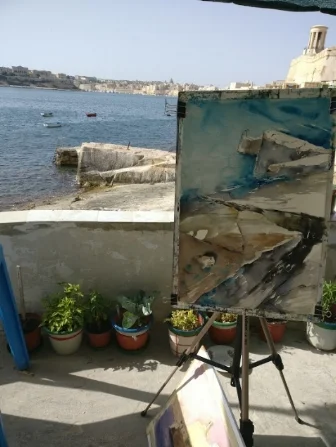 Valleta Shoreline abstract ladder Mediterranean sea  artist  Sarah Calleja Watercolour plein air