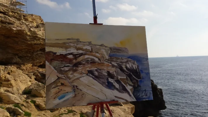 Zurrieq Sunrise Shoreline abstract  Mediterranean sea  artist  Sarah Calleja Watercolour plein air