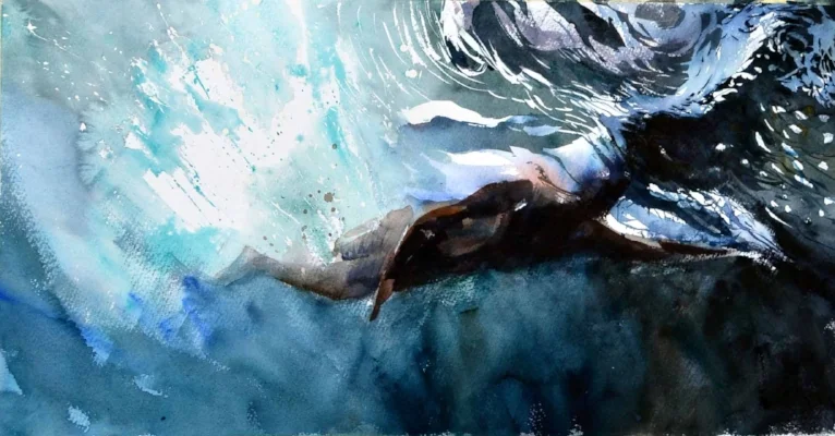 The Swimmer underwater effects  abstract  Mediterranean  artist  Sarah Calleja Watercolour plein air
