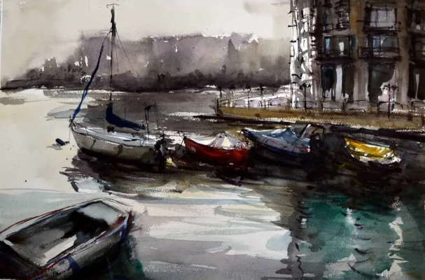 St Julians Spinola   boats reflections Mediterranean  artist  Sarah Calleja Watercolour plein air