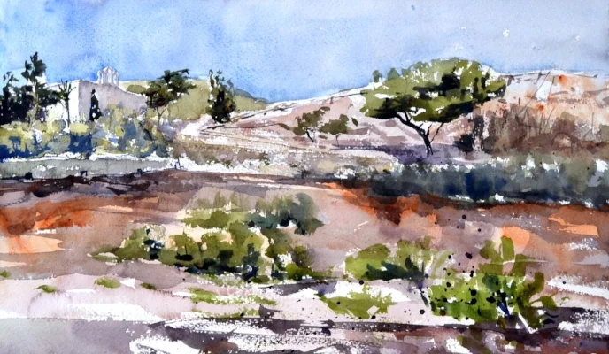 Comino St. Mary's Chapel,  Mediterranean  artist  Sarah Calleja Watercolour plein air