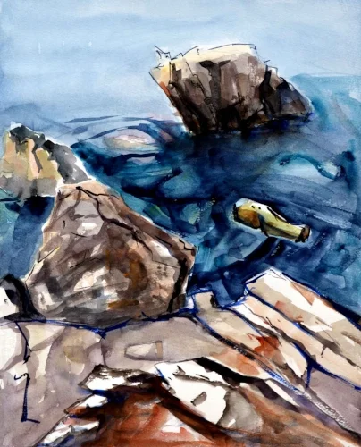 Majjistral park rocks abstract  Mediterranean  artist  Sarah Calleja Watercolour plein air