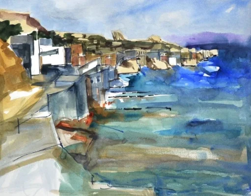 Gnejna vernacular boathouses abstract line drawing  Mediterranean  artist  Sarah Calleja Watercolour plein air