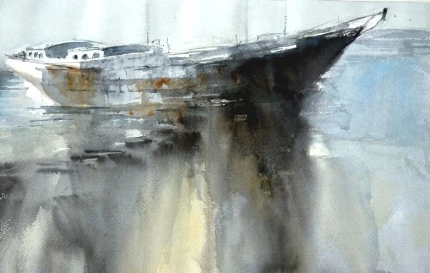 Abondoned ship Marsaxlokk Malta Sarah Calleja Watercolour plein air