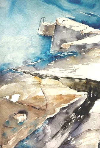 Valleta Shoreline abstract ladder Mediterranean sea  artist  Sarah Calleja Watercolour plein air