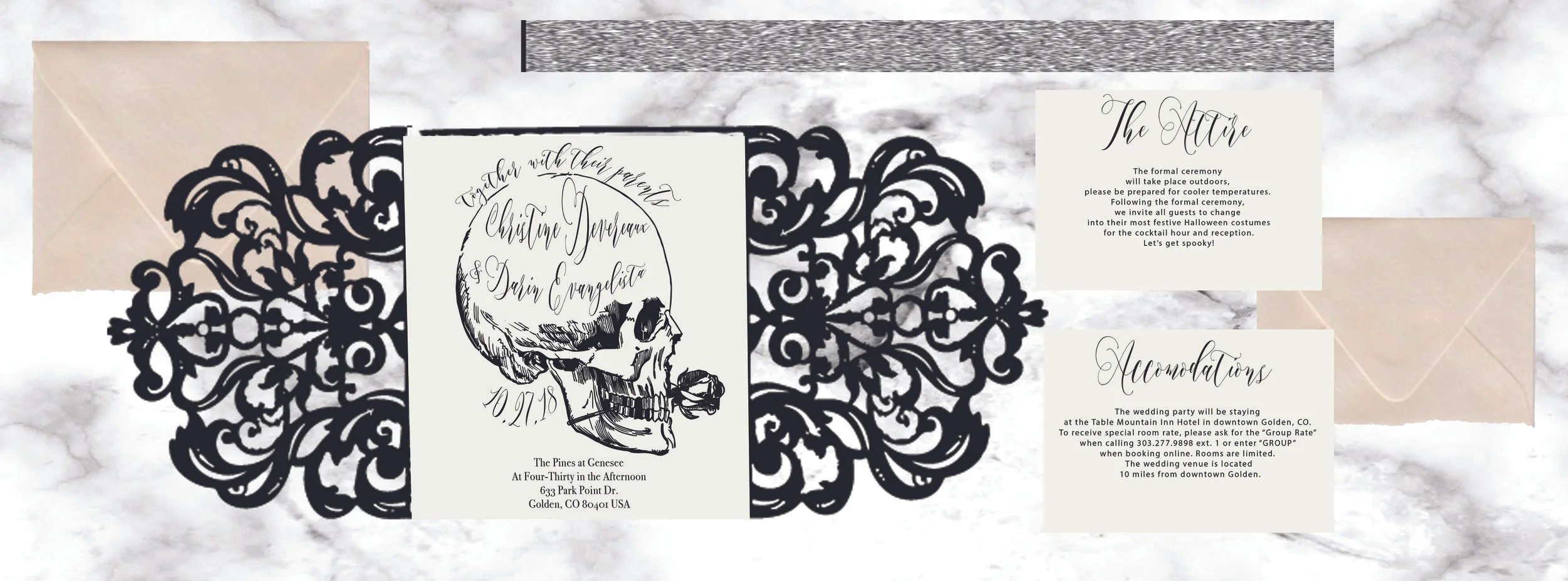 These look really cool! Great choice guys, and I love the rose in the skull's mouth. Let me know your thoughts? You'll notice the silver band that will go around the laser cut, and the matching accommodations and attire card. I went more simple with these cards, because the invitation itself is so prominent. Excited to make these! Let me know!