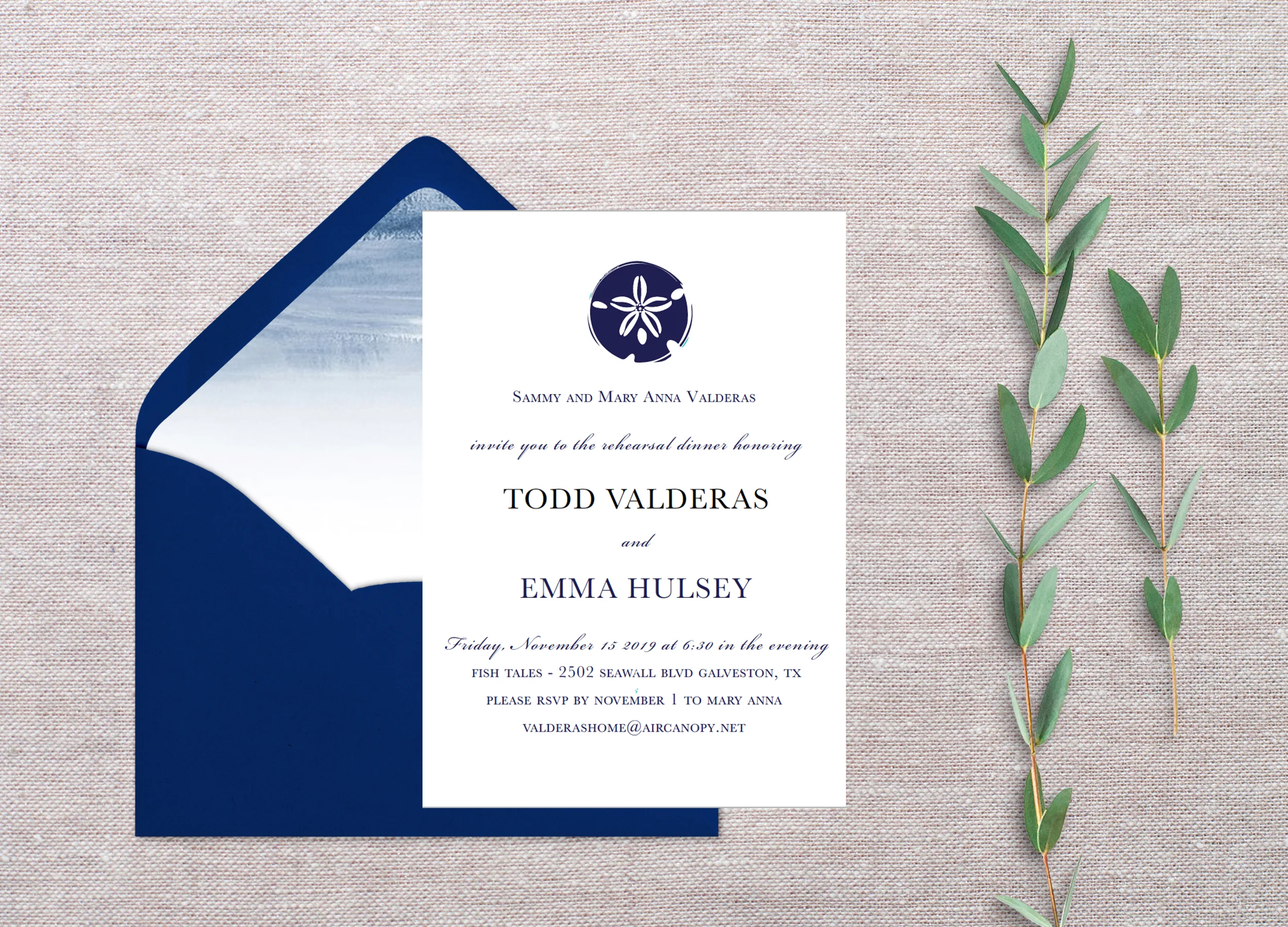 My personal favorite! With this suite, we would keep the letter-pressing effect; however we would substitute the ombre text for this beautiful watercolor liner + envelopes ! To me this is super classic and I just love the sand dollar feature :)