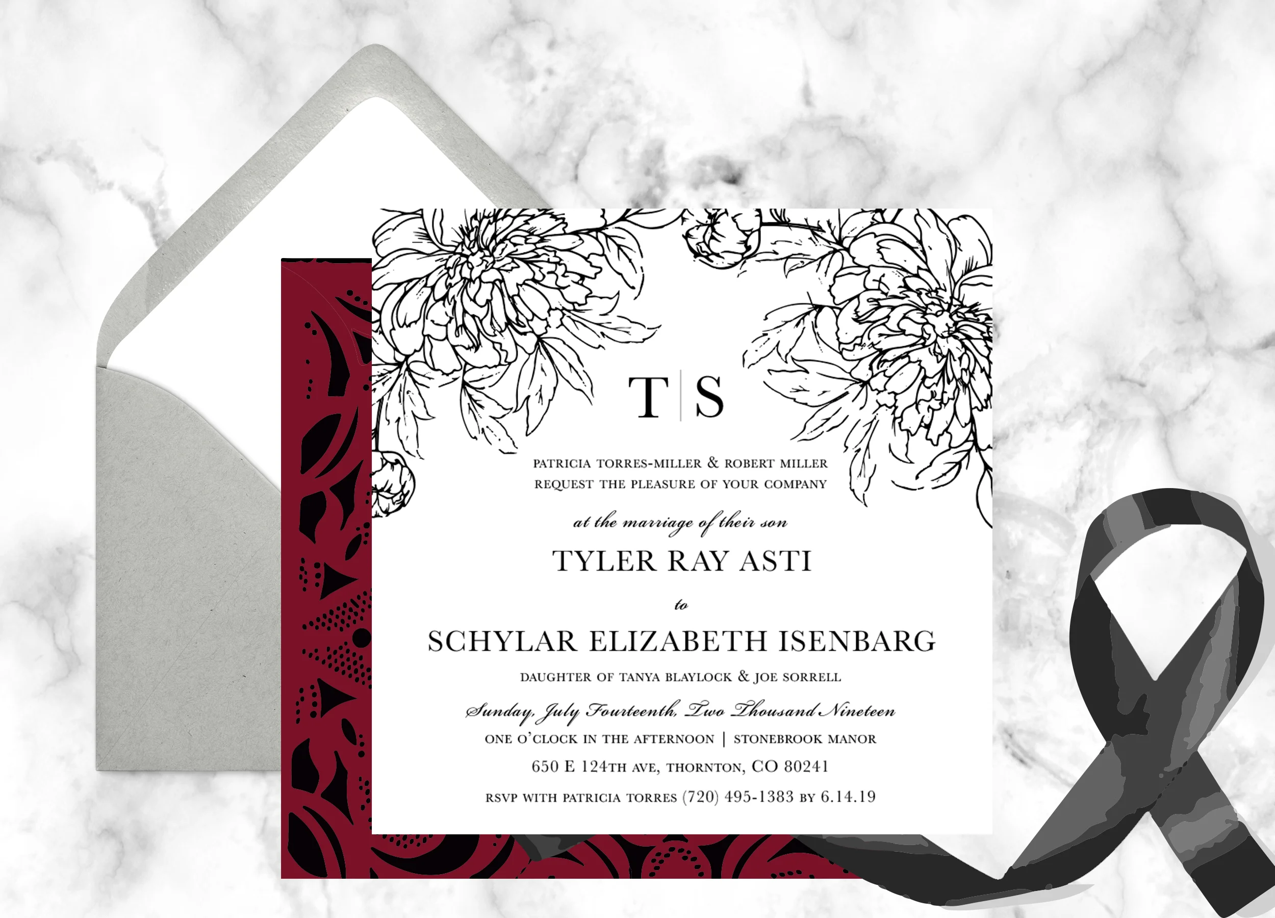 Ordered On: 2/5/19 Envelope Colors: Snow White Laser Cut Color: RED #25 Ribbon: Black Quantity: 100 Paper: Texture-Smooth, Color-Snow White Digital Ink: Black