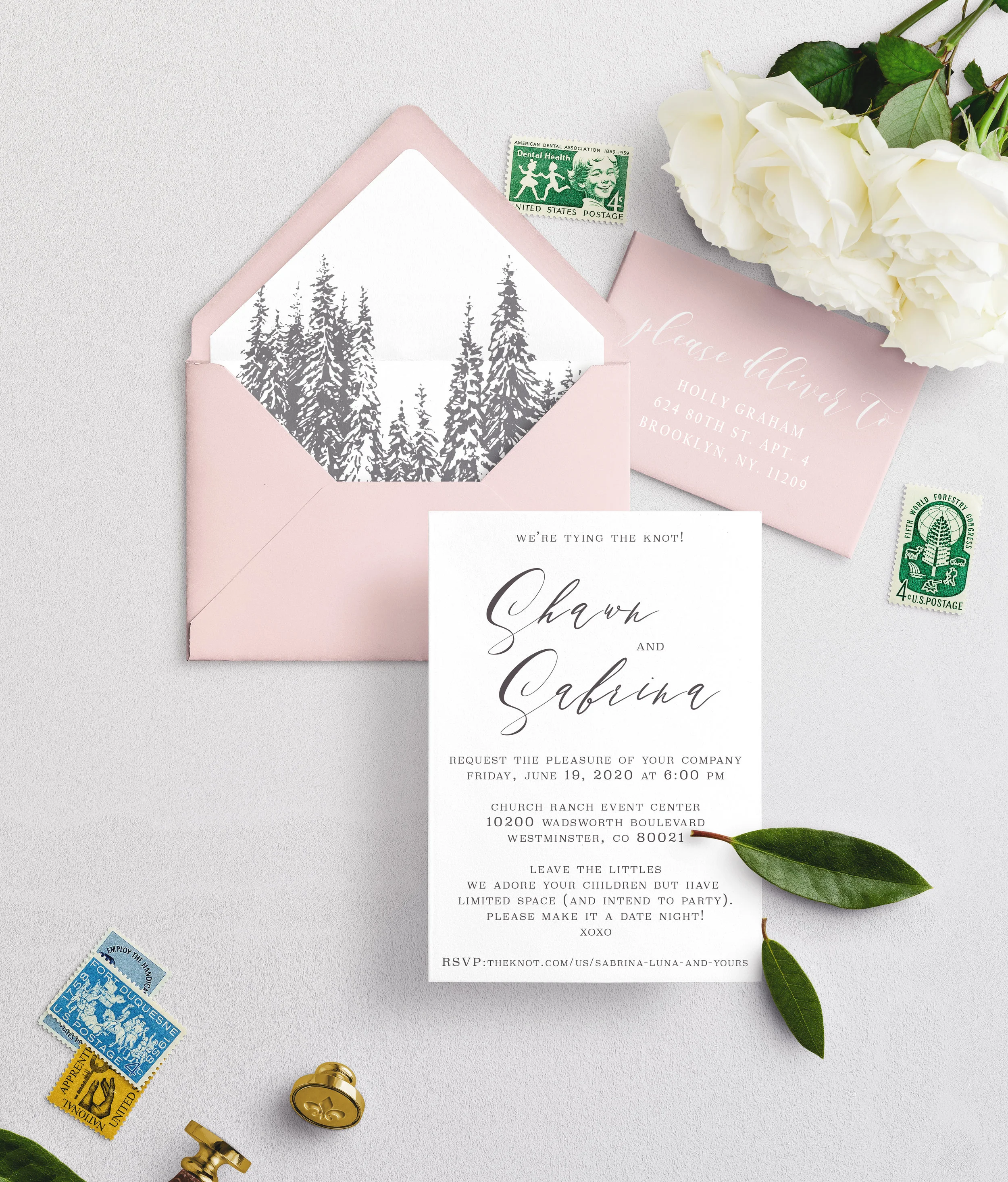 We included your wedding colors and our standard aspen tree liner: Blush, White, and light gray. Please let us know if you would like to invert or change out any of the colors. We have your current shipping & return address as: 15953 E. Nichols Place Englewood, CO 80112 This is the address that will be stamped on the back flap of the envelopes. Order Details Invitation Decision: Cottonwood Suite (included) Envelope Color?: Quantity: We do not need any additional invitations Wording: I do not want any additional cards, but I still want to personalize the invite. Please still send me the wording form I want more!: No, I love the current offerings, I do not need to meet in person. Shipping Address/ Return Address: 15953 E Nichols Place Englewood CO 80112 Mailing Invitations: Thank you, please send me the finished invitations, and we will mail them ourselves.