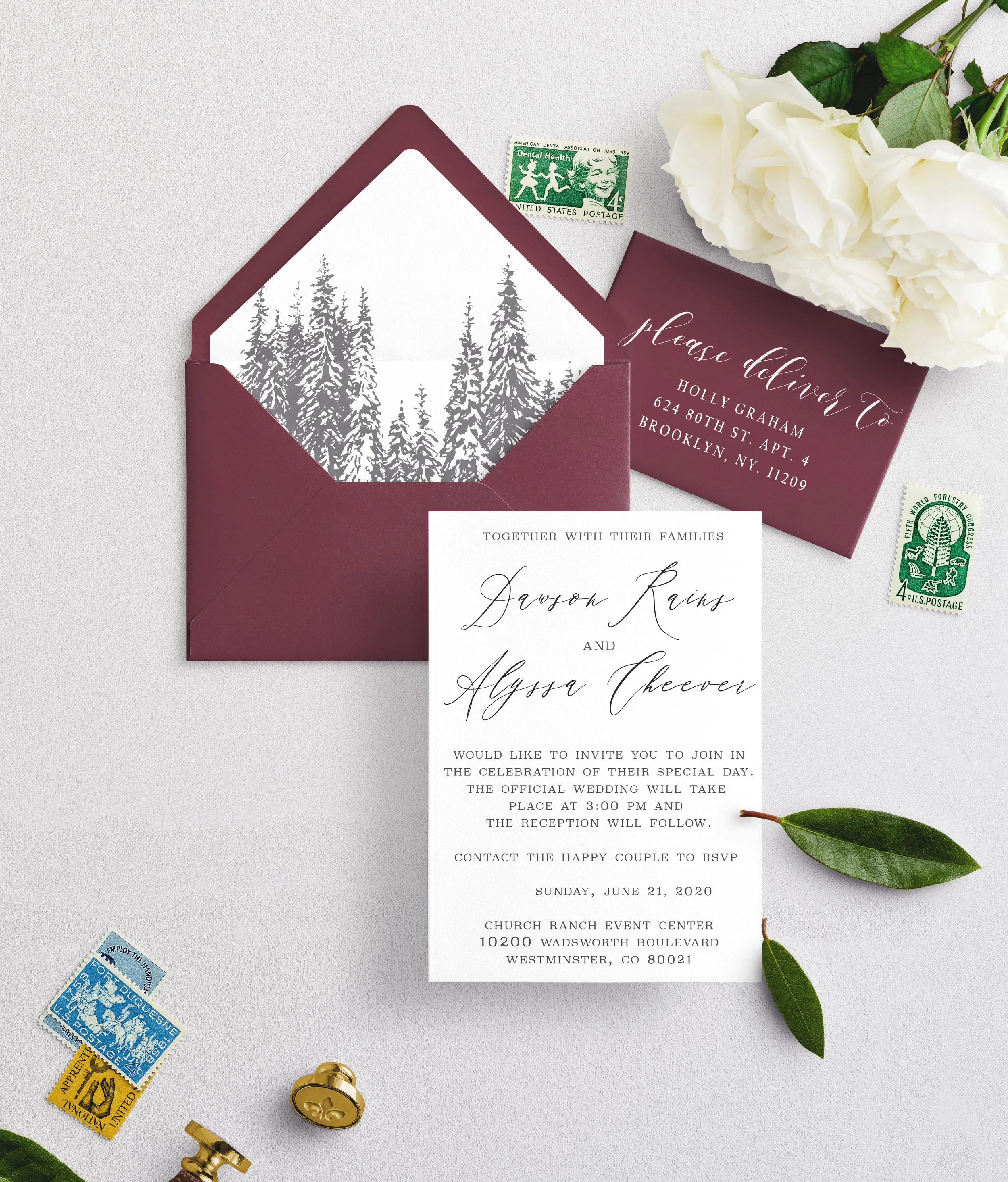 We included your requested burgundy (claret) wedding color and our standard aspen tree liner. If you choose this direction, it will be more of a clean/elegant feel.