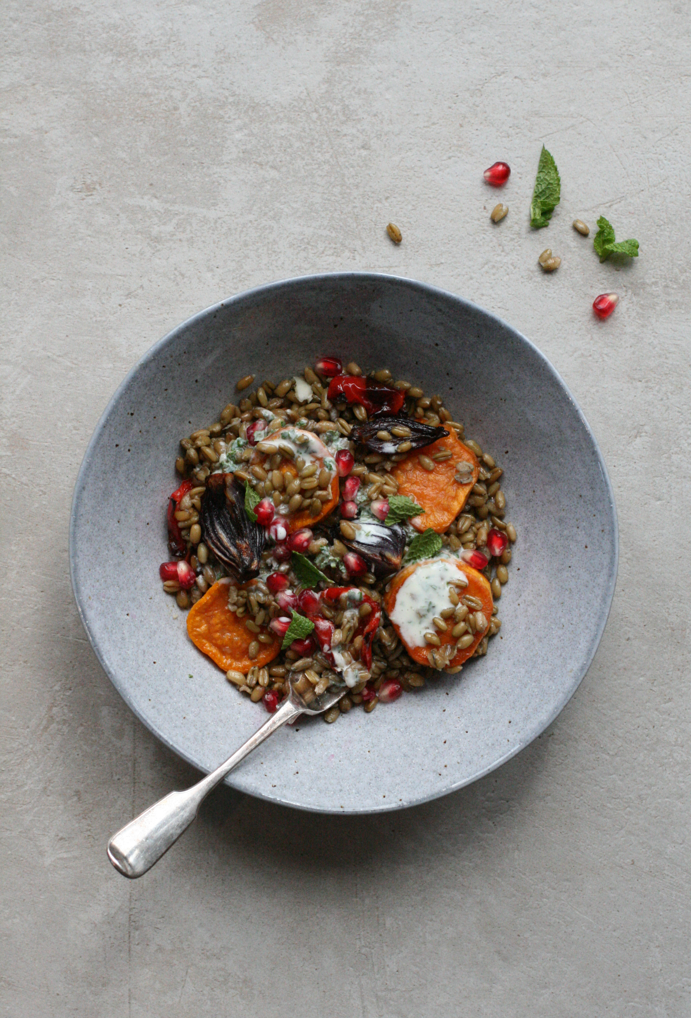 Freekah with Roasted Veg and Mint Yoghurt