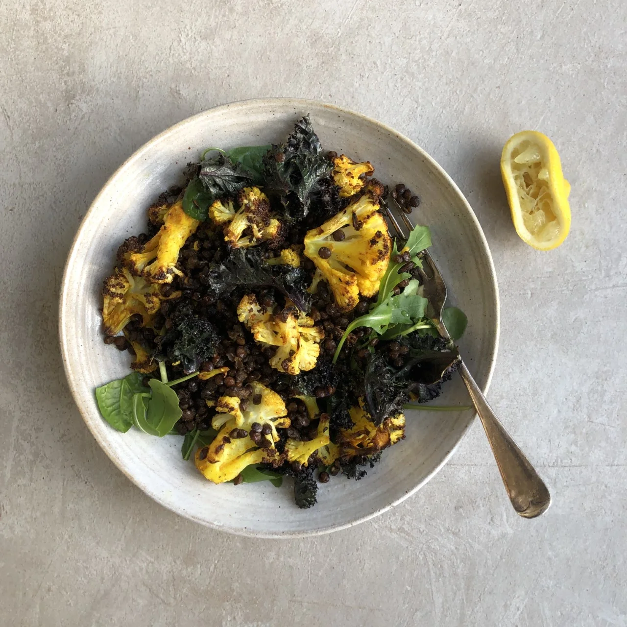 Spiced Roasted Cauli, Kale and Lentils