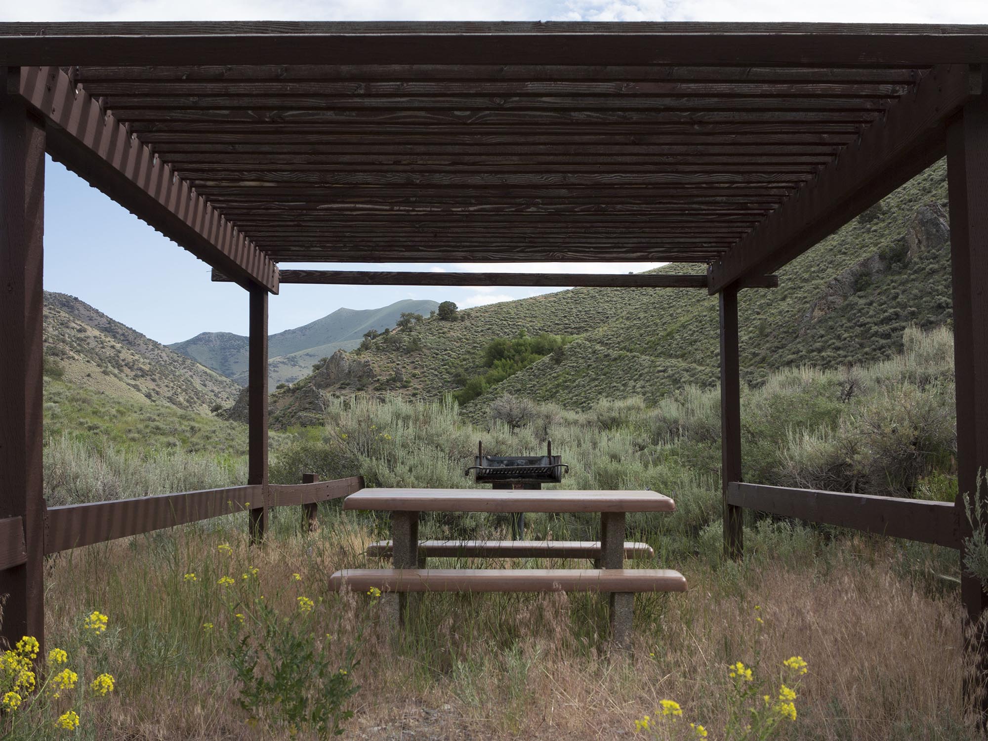 Picnic table and shade structure. Kingston Canyon, Nevada 2015