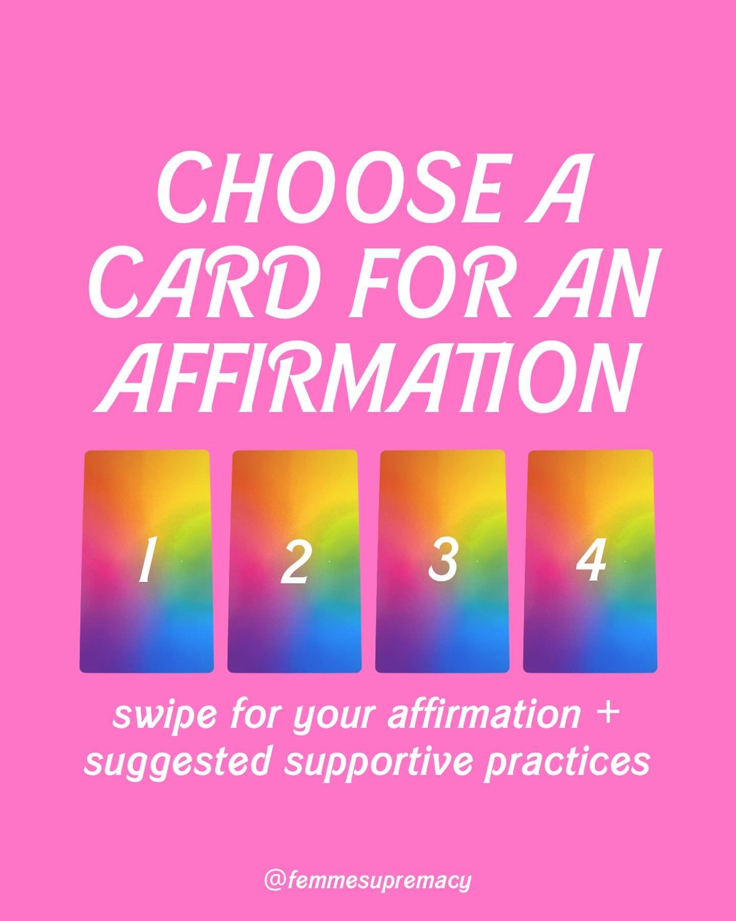Choose a card &amp; then swipe for your affirmation + suggested supportive practices 💕

⚡

✨

💫

🧡&nbsp;If you chose card 1, your affirmation is NO IS A COMPLETE SENTENCE.

Suggested practices: Boundary work; practice saying no; tune into how your