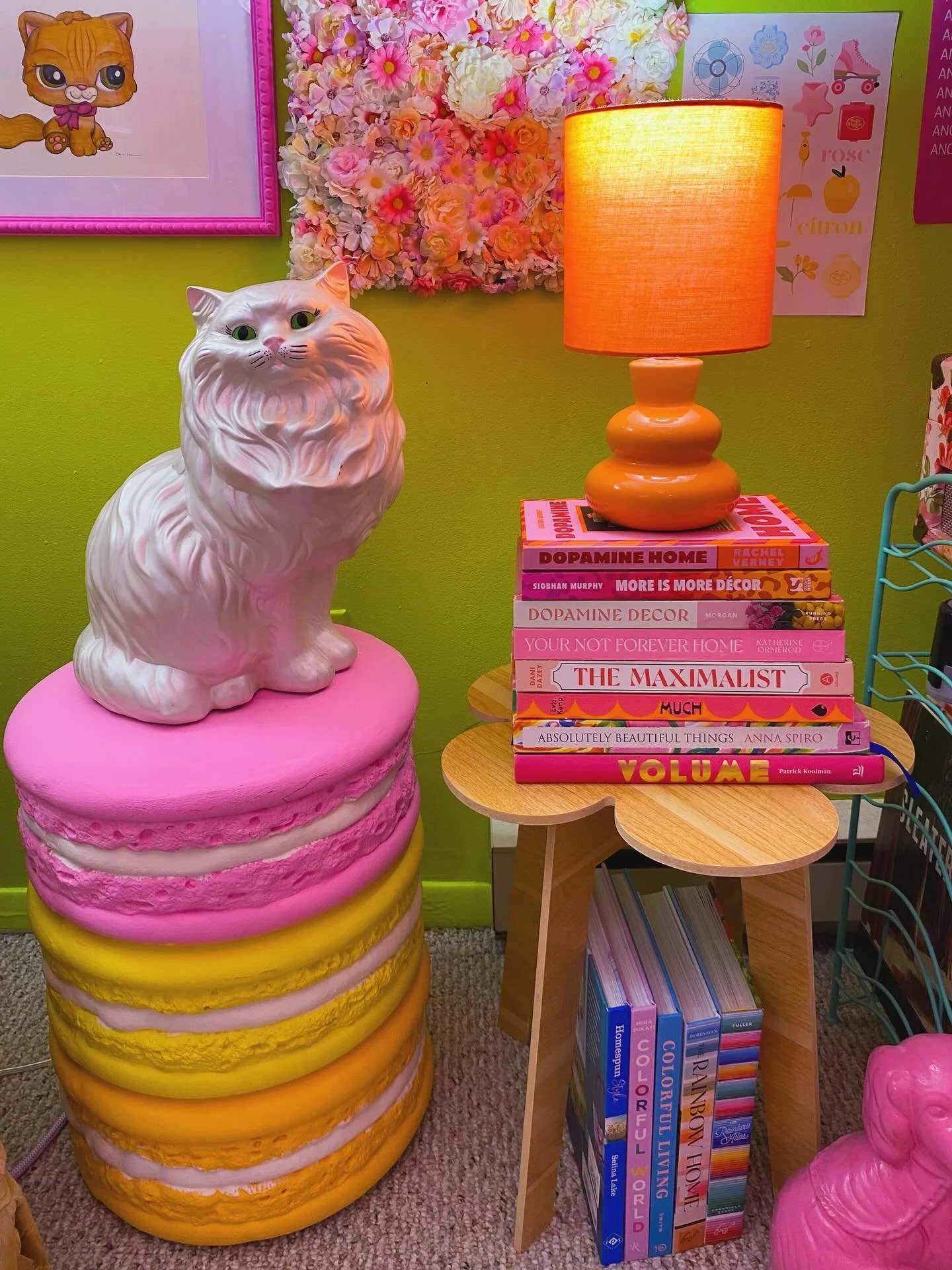 my reading nook is soooo dreamy!!! i moved a few things around &amp; i love it even MORE now 💕💖 moving my giant iridescent ceramic persian cat &amp; the macaron side table (painted by yours truly to match my color palette) truly was SUCH a good cho
