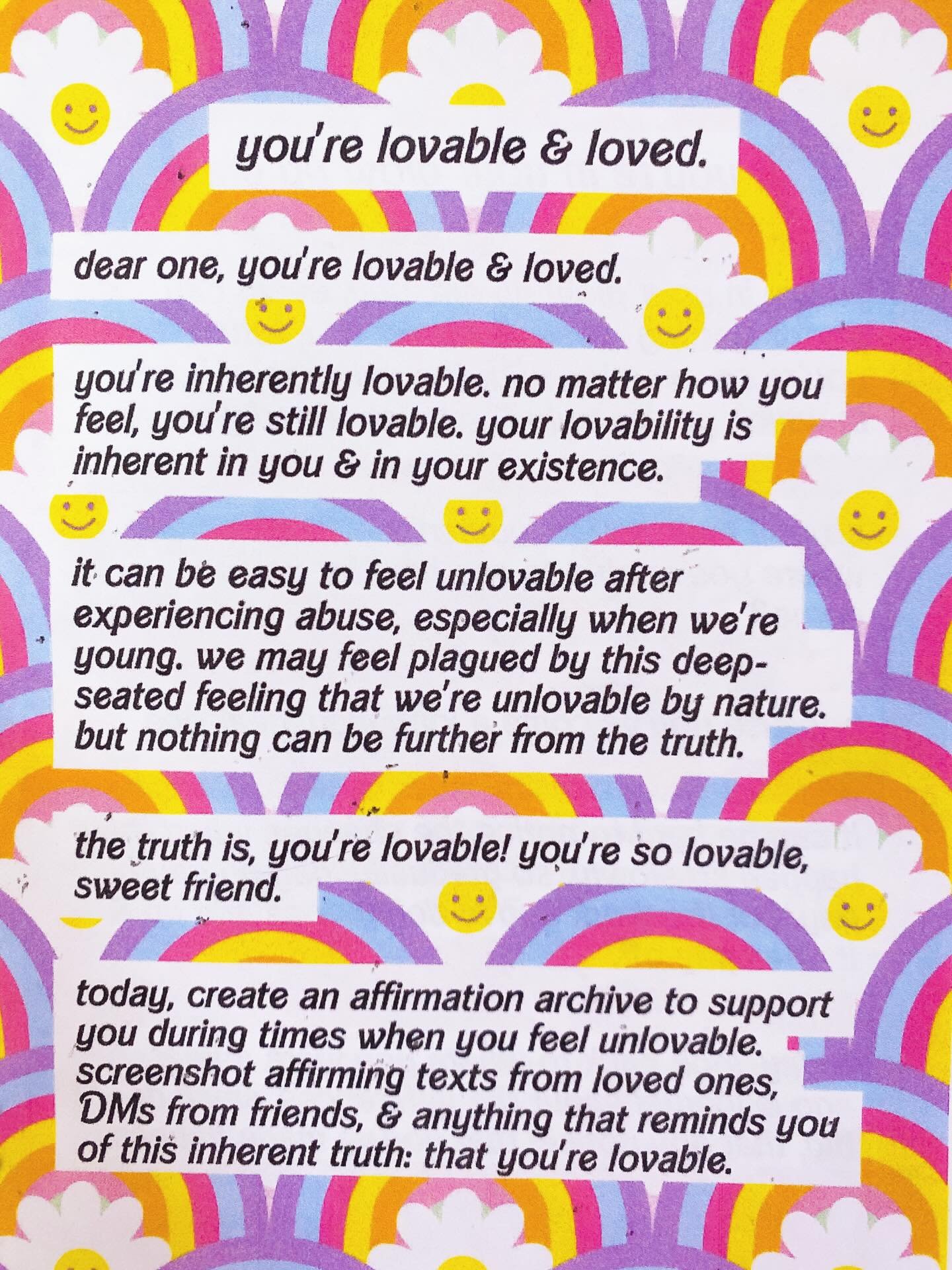 a love letter for survivors ✨💌💘

dear survivor,

you're inherently lovable. no matter how you feel, you're still lovable. your lovability is inherent in you &amp; in your existence 💗

it can be easy to feel unlovable after experiencing abuse, espe