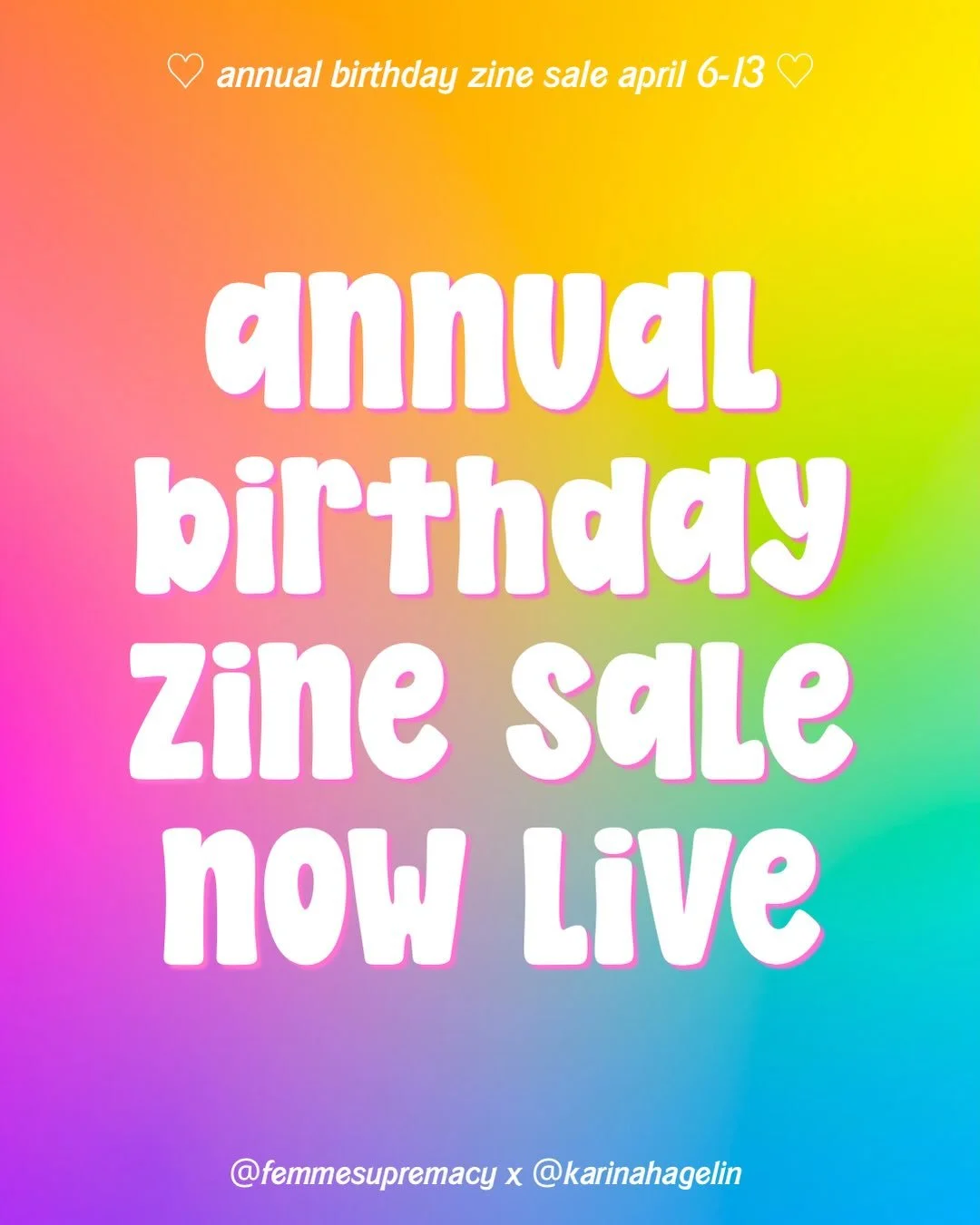 annual birthday sale now live 💕 get 20% off all zines for one week only 🍰 april 6-13 🌸 no coupon code needed; discount applied automatically 🥰

i usually do 2-3 sales each year, so if you've had something on your wishlist, this is 1000% the time 